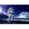 Astronaut in space suit running on planet surface. Mixed media