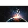 Astronaut in space suit running on Earth planet surface. Elements of this image are furnished by NASA