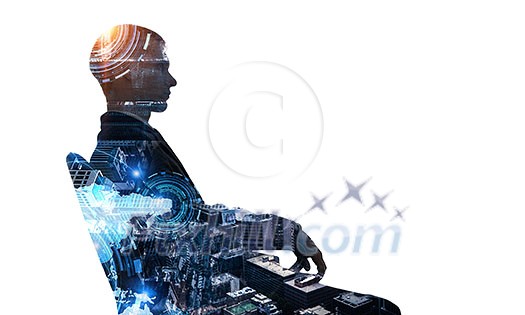 Double exposure of businessman in chair and modern city on white background Double exposure of businessman in chair and modern city on white background