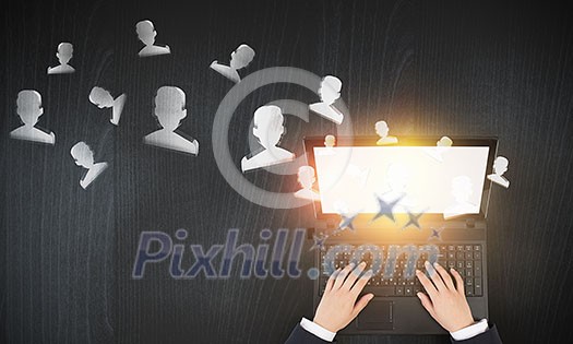 Top view of businesswoman working on laptop and social connection concept. 3d rendering Top view of businesswoman working on laptop and social connection concept. 3d rendering