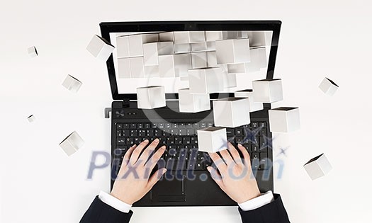 Top view of businesswoman using laptop. 3d rendering Top view of businesswoman using laptop. 3d rendering