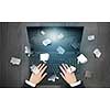 Top view of businesswoman working on laptop and social communication icons