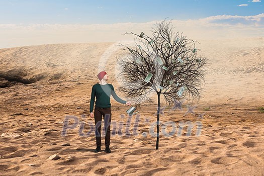 Hipster guy in desert water dry tree. Mixed media Hipster guy in desert water dry tree. Mixed media