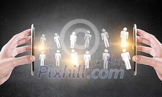 Hand of man holdinng smartphone presenting social connection concept. 3d rendering Hand of man holdinng smartphone presenting social connection concept. 3d rendering