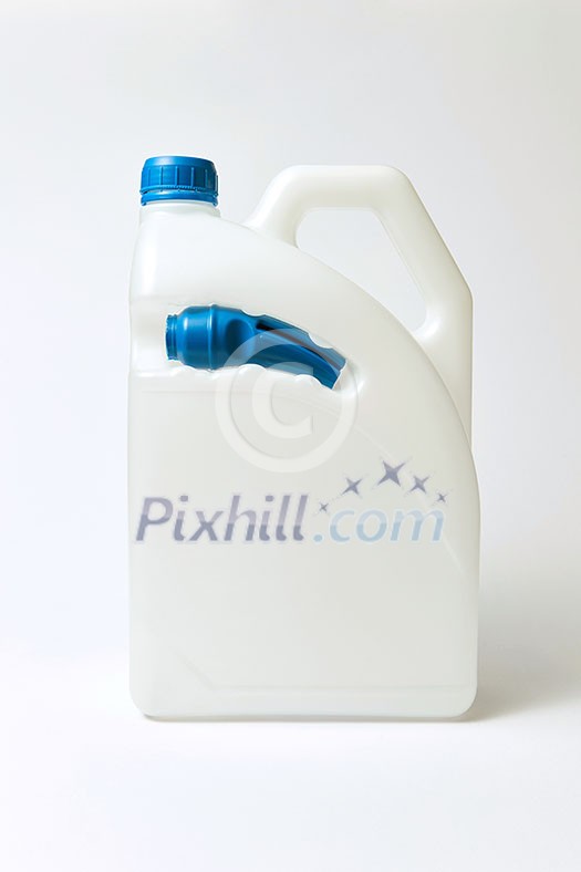 White canister mock up for different liquid with blue dispenser and funnel on a light gray background. Place for text. White canister mock up for different liquid with blue dispenser and funnel on a light gray background. Place for text.