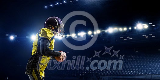 American football player in lights of stadium. Mixed media