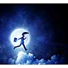 Businessman with umbrella in hand running on cloud