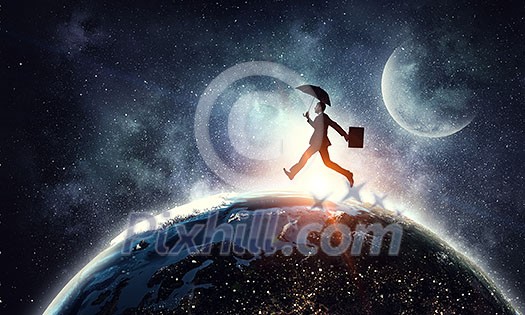 Cheerful businessman with umbrella and his suitcase running on globe. Elements of this image are furnished by NASA Cheerful businessman with umbrella and his suitcase running on globe. Elements of this image are furnished by NASA