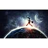 Cheerful businessman with umbrella and his suitcase running on globe. Elements of this image are furnished by NASA