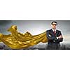 Aged businessman in golden cape with arms crossed on chest. Mixed media