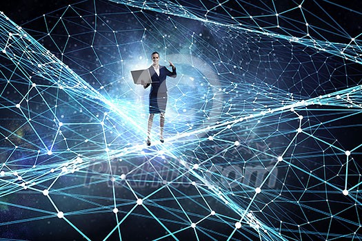 Woman IT manager with laptop in hands among connection lines. 3d rendering