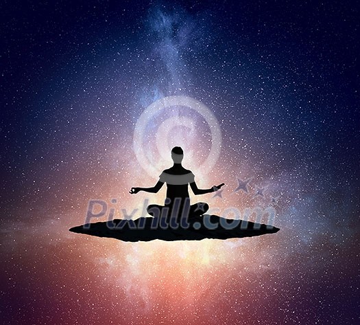 Silhouette of woman meditating in yoga position on the top. Mixed media Silhouette of woman meditating in yoga position on the top. Mixed media