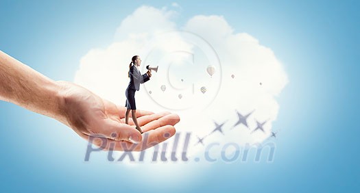 Young emotional businesswoman on blue background screaming in megaphone. Mixed media Young emotional businesswoman on blue background screaming in megaphone. Mixed media