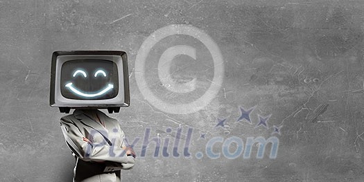 Businesswoman with monitor instead of head. Mixed media Businesswoman with monitor instead of head. Mixed media