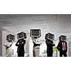 Businesspeople with monitor instead of head. Mixed media