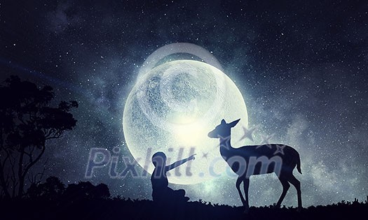 African landscape with wildlife at full moon background African landscape with wildlife at full moon background