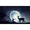 African landscape with wildlife at full moon background