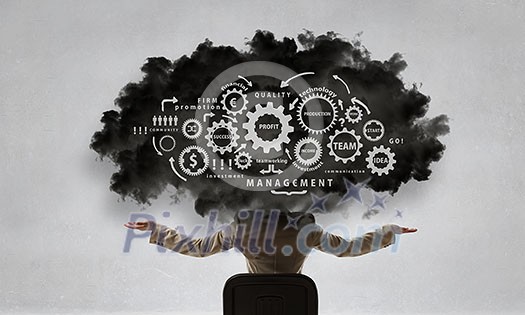 Unrecognizable businesswoman with black cloud instead of her head. Mixed media Unrecognizable businesswoman with black cloud instead of her head. Mixed media
