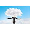 Unrecognizable businesswoman with white cloud instead of her head. Mixed media