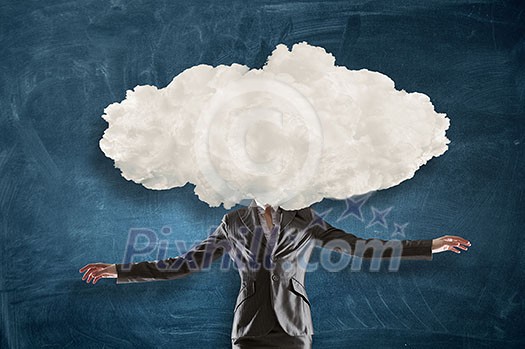 Unrecognizable businesswoman with white cloud instead of her head. Mixed media Unrecognizable businesswoman with white cloud instead of her head. Mixed media