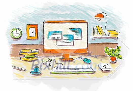 Colored illustration of workplace with different office staff Colored illustration of workplace with different office staff