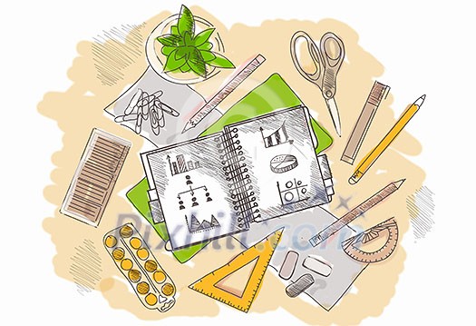 Colored illustration of workplace with different office staff Colored illustration of workplace with different office staff