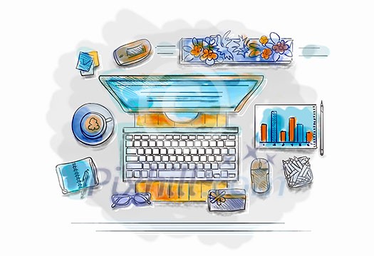 Colored illustration of workplace with different office staff Colored illustration of workplace with different office staff