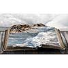 Book with natural sea landscape on pages
