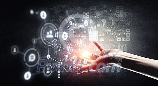 Hand of woman presenting in palm media connection concept. 3D rendering Hand of woman presenting in palm media connection concept. 3D rendering