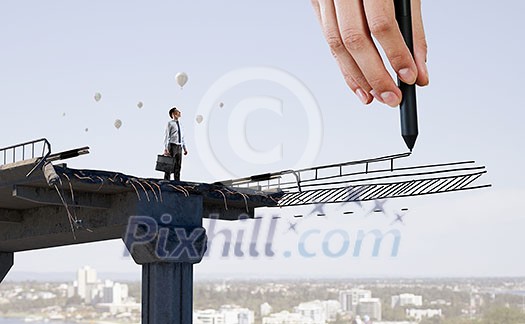 Hand of designer drawing bridge with stylus. Mixed media Hand of designer drawing bridge with stylus. Mixed media