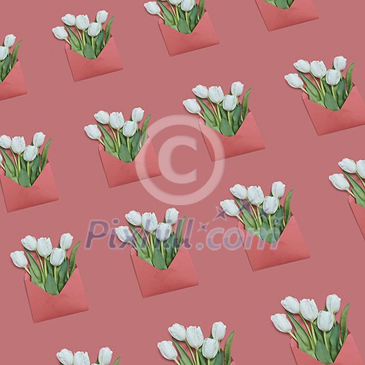 Congratulation envelopes pattern with white tulips on a pastel background. Flat lay. Greeting post card. Congratulation envelopes pattern with white tulips on a pastel background. Flat lay. Greeting post card.