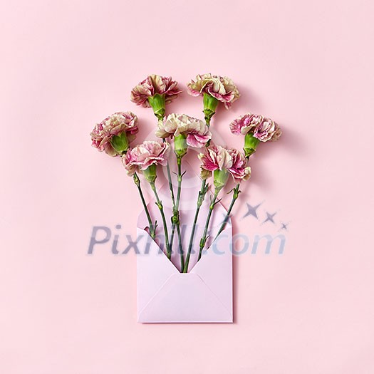 Handmade blank envelope with bouquet of carnations flowers on a pastel pink background, copy space. Top view. Congratulation card. Handmade blank envelope with bouquet of carnations flowers on a pastel pink background, copy space. Top view. Congratulation card.
