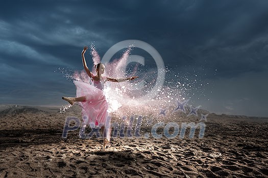 Ballerina kid girl in pink dress dancing. Mixed media Ballerina kid girl in pink dress dancing. Mixed media
