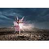Ballerina kid girl in pink dress dancing. Mixed media