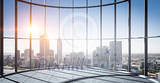 Spacious office room with panoramic window. Mixed media Spacious office room with panoramic window. Mixed media