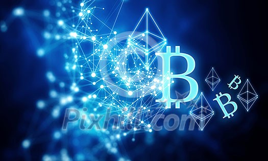 Bitcoin symbol and connection lines as concept for cryptocurrency. 3d rendering Bitcoin symbol and connection lines as concept for cryptocurrency. 3d rendering