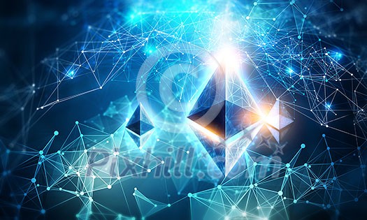 Bitcoin and Ethereum symbols on abstract blue background. 3d rendering Bitcoin and Ethereum symbols on abstract blue background. 3d rendering