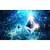 Bitcoin and Ethereum symbols on abstract blue background. 3d rendering