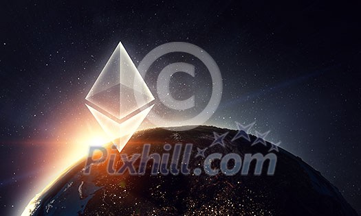 Bitcoin and Ethereum symbols on abstract blue background. 3d rendering. Elements of this image are furnished by NASA Bitcoin and Ethereum symbols on abstract blue background. 3d rendering. Elements of this image are furnished by NASA