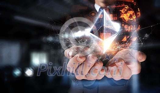 Bitcoin and Ethereum symbols on abstract blue background. 3d rendering Bitcoin and Ethereum symbols on abstract blue background. 3d rendering