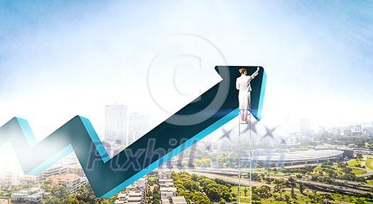 Businesswoman on ladder climbing to the top of growing arrow. Mixed media Businesswoman on ladder climbing to the top of growing arrow. Mixed media
