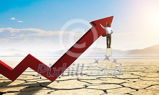 Businessman on ladder climbing to the top of growing arrow. Mixed media Businessman on ladder climbing to the top of growing arrow. Mixed media