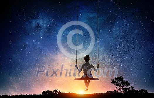 Cute little girl riding on swing. Mixed media