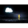 Little cute girl against dark background with cloud balloon. Mixed media