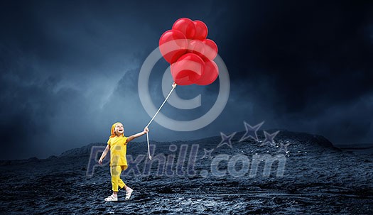 Little kid girl with balloons walking alone. Mixed media Little kid girl with balloons walking alone. Mixed media