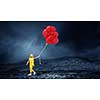 Little kid girl with balloons walking alone. Mixed media