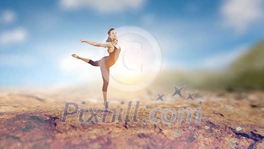Young gymnast girl doing moves and jumps. Mixed media Young gymnast girl doing moves and jumps. Mixed media