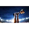 Hand of athlete holding cup trophy against stadium. Mixed media