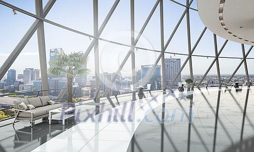 Spacious office room with panoramic window. Mixed media Spacious office room with panoramic window. Mixed media