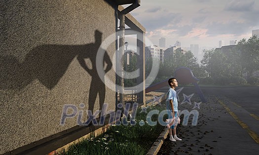 Cute kid with plush bear and hero shadow on his background. Mixed media Cute kid with plush bear and hero shadow on his background. Mixed media